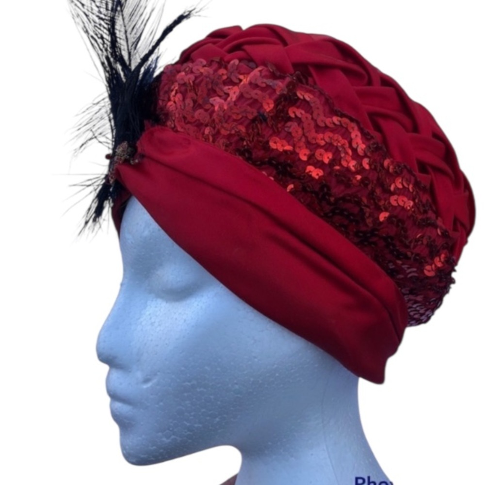 Vintage 1950s Sola Rei’s Burgundy Sequin Feather Turban Hat